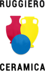 Logo: sagome di ceramica rosse e gialle con un cerchio blu davanti; testo nero: RUGGIERO CERAMICA.