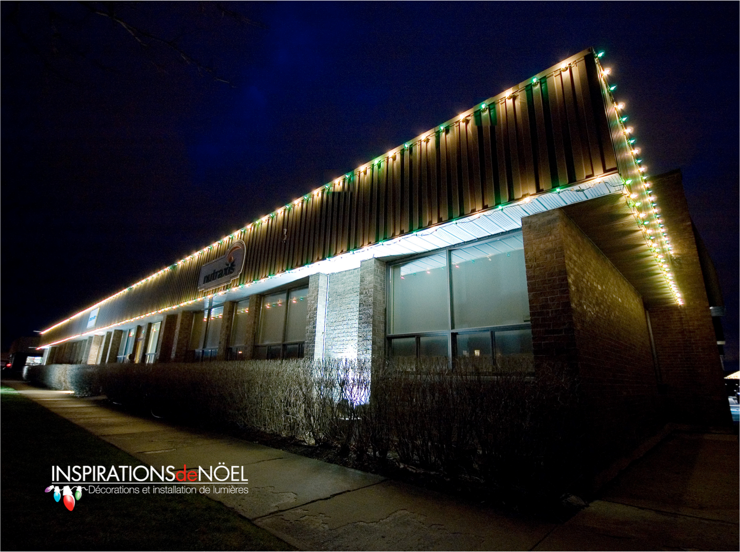 A large building with christmas lights on the side of it