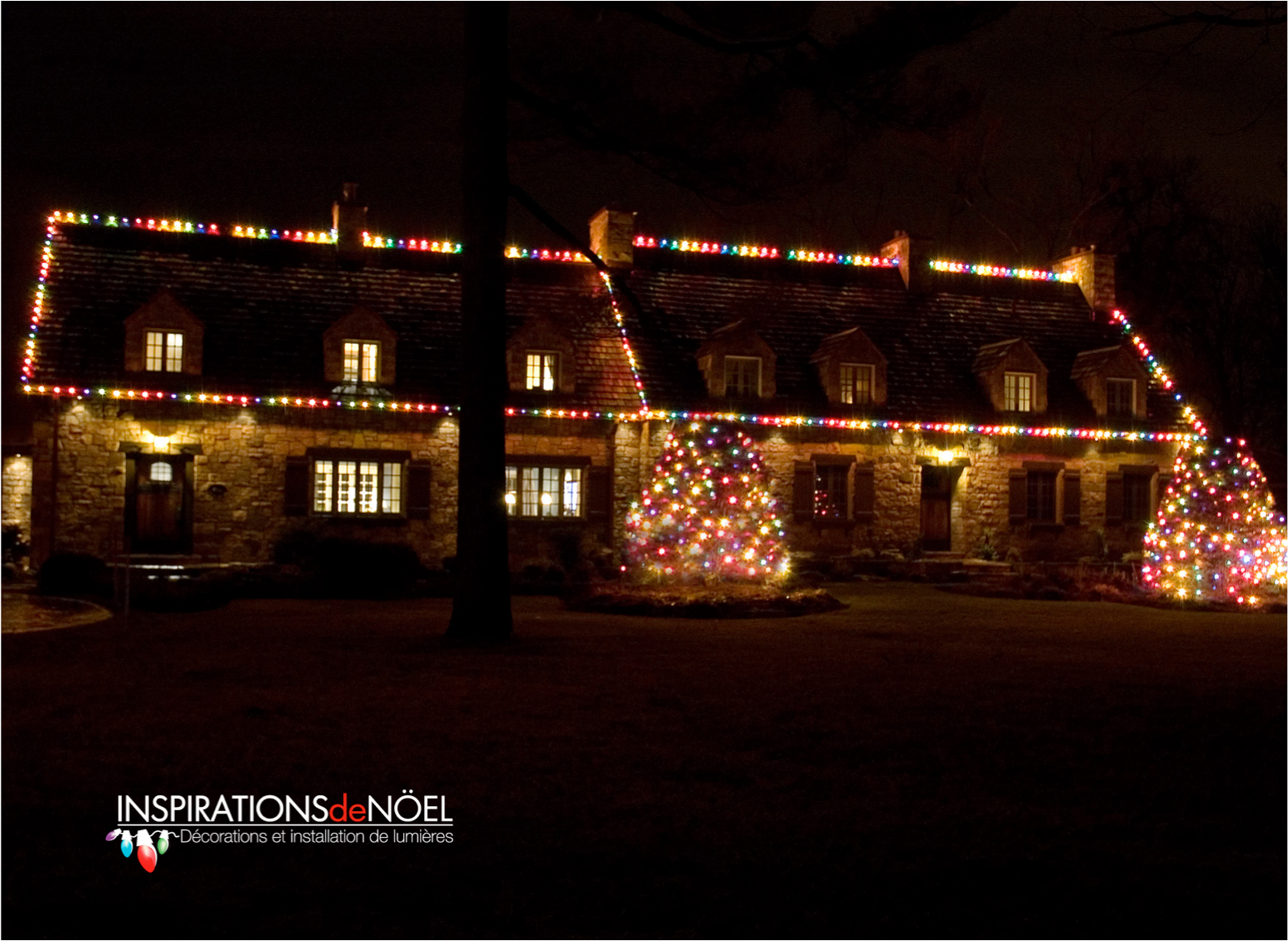 A house decorated with christmas lights is lit up at night
