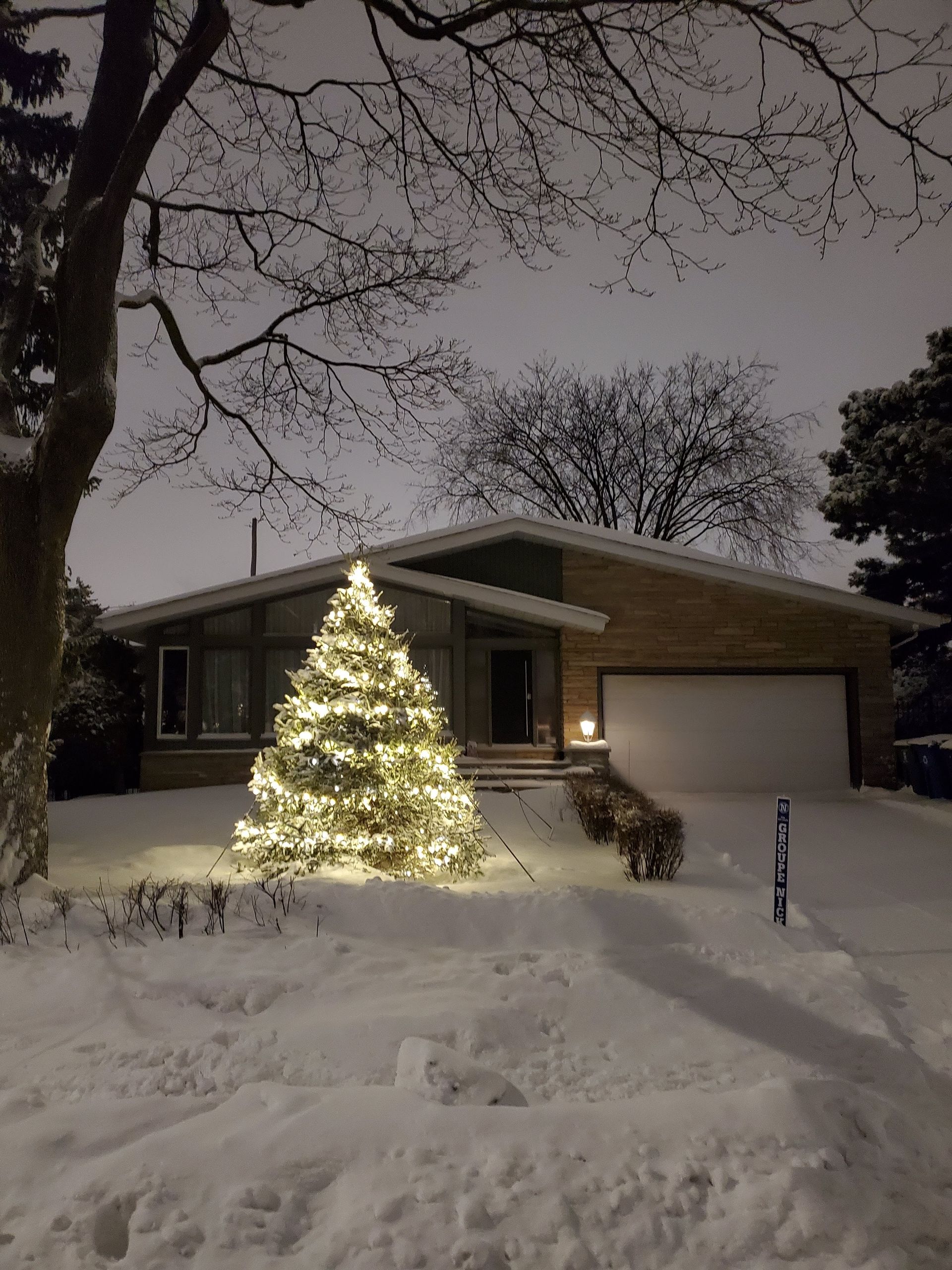 A house with a christmas tree in front of it