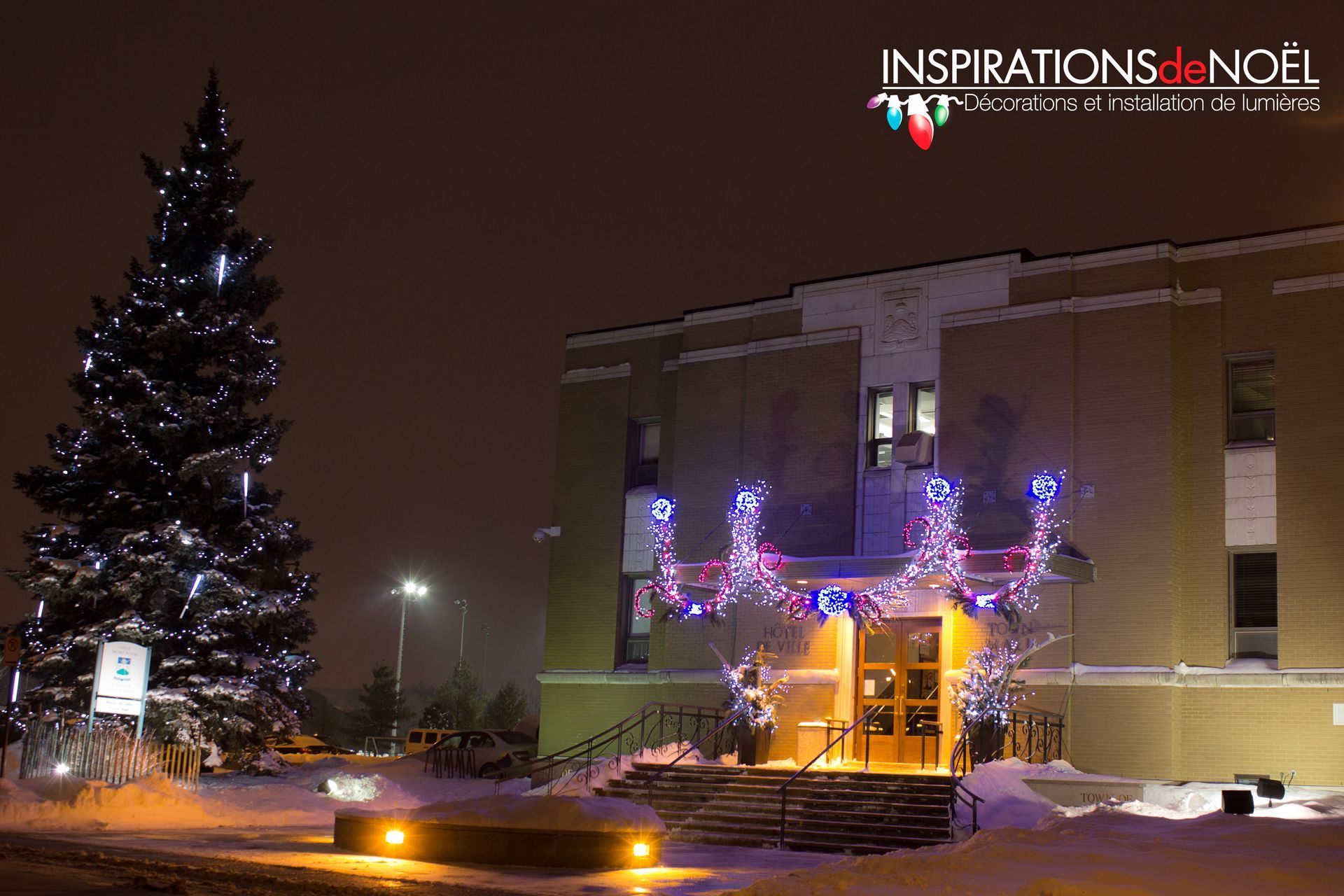 A christmas tree is lit up in front of a building at night
