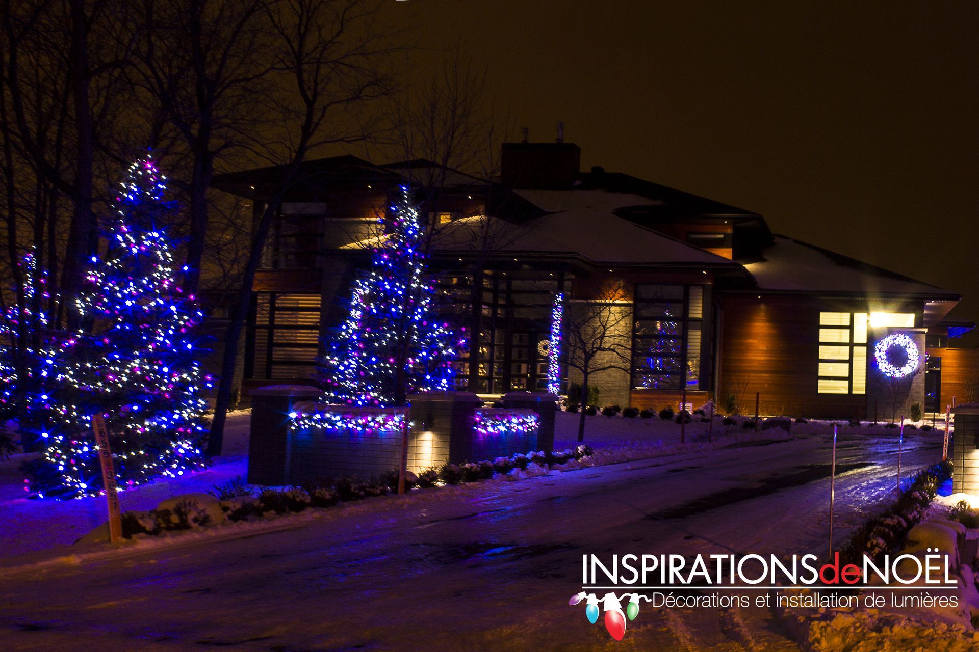A house is decorated with christmas lights and trees at night.