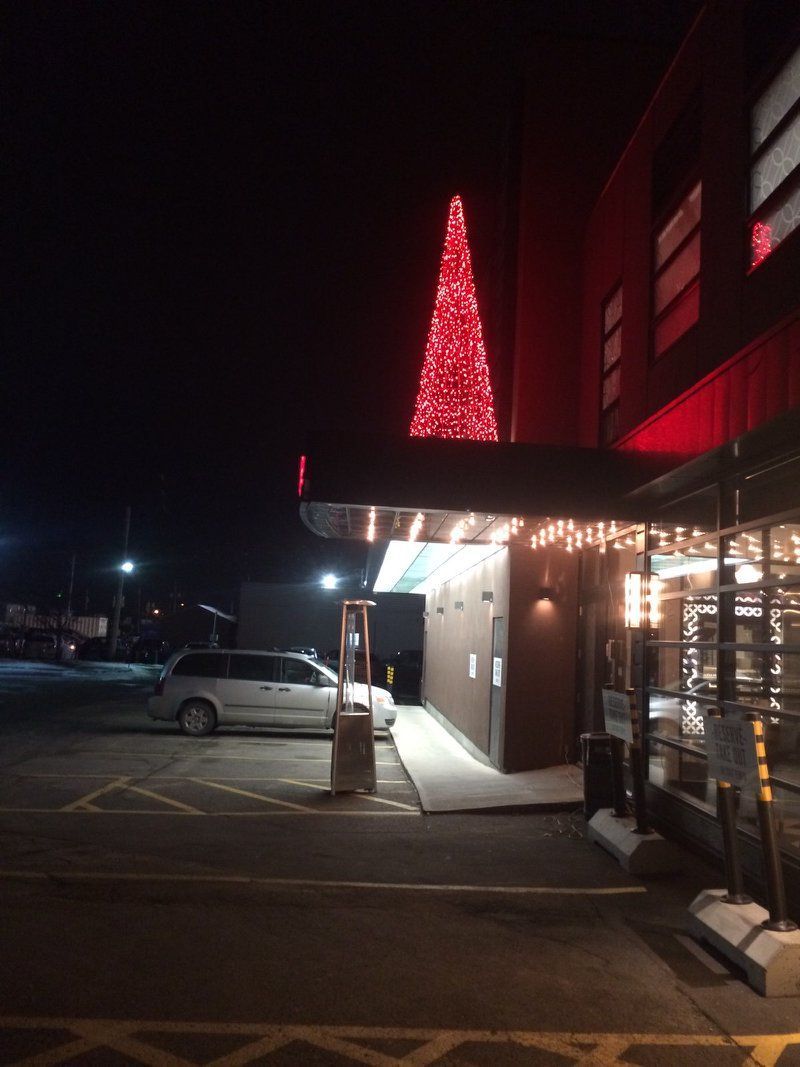 A christmas tree is lit up in front of a building