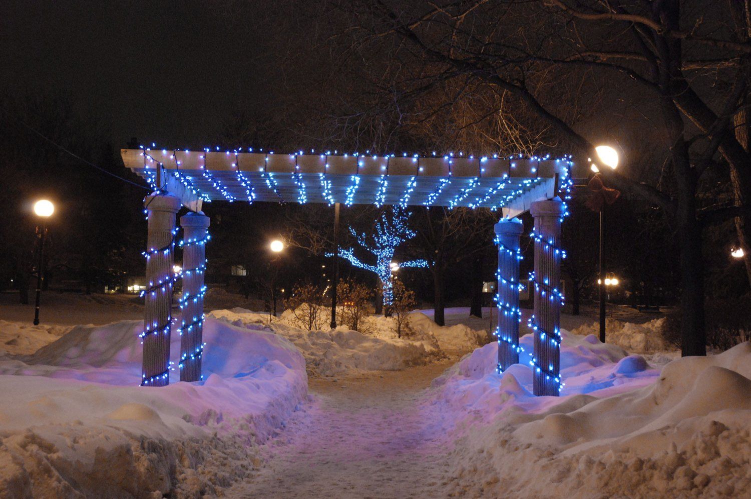 Une pergola avec des lumières bleues dessus sous la neige