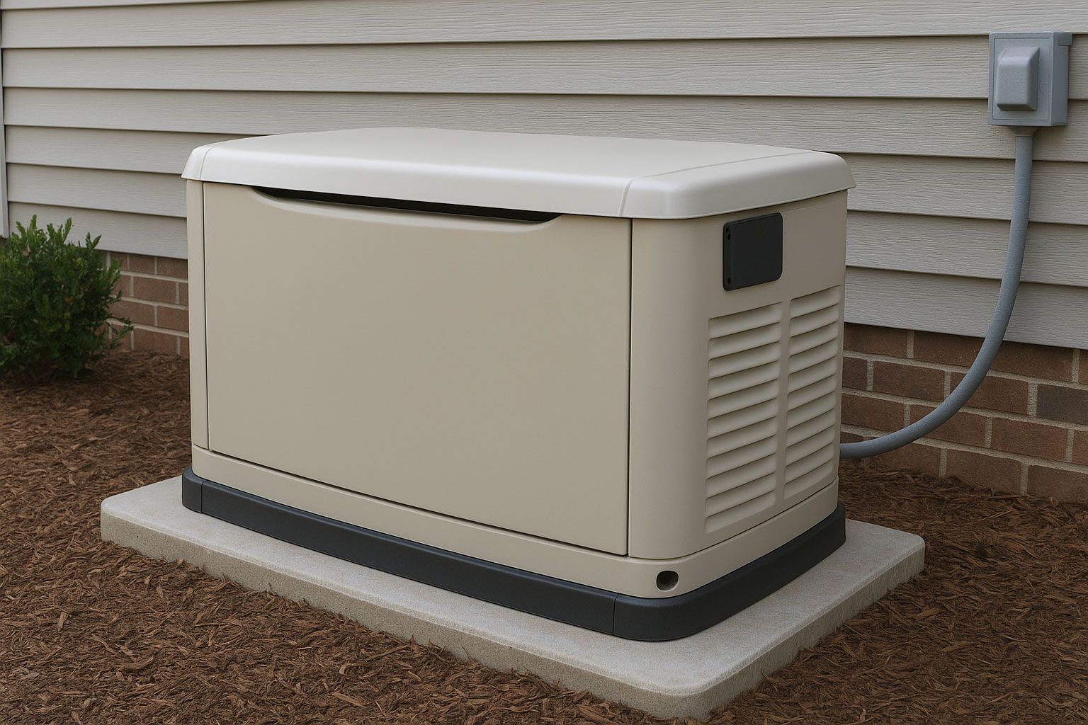 Tan outdoor generator on a concrete pad next to a house with a power inlet.