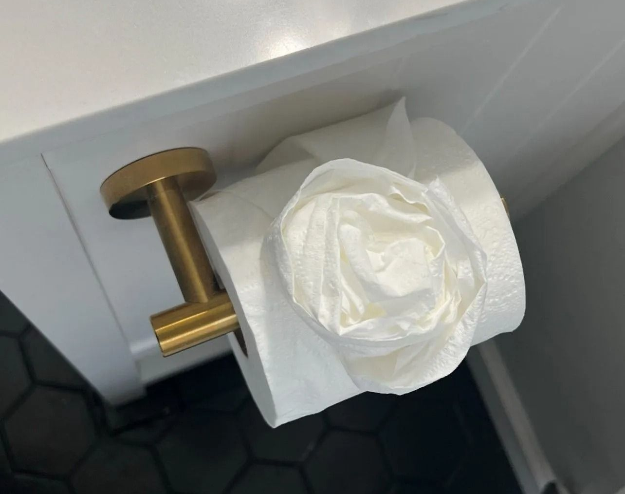 Toilet paper roll on a brass holder beside a white sink cabinet