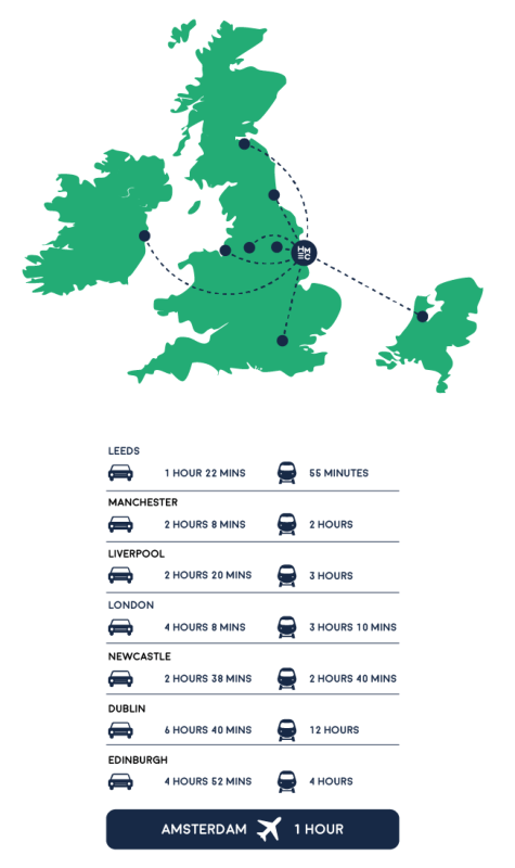 A map of the UK and Netherlands showing travel times