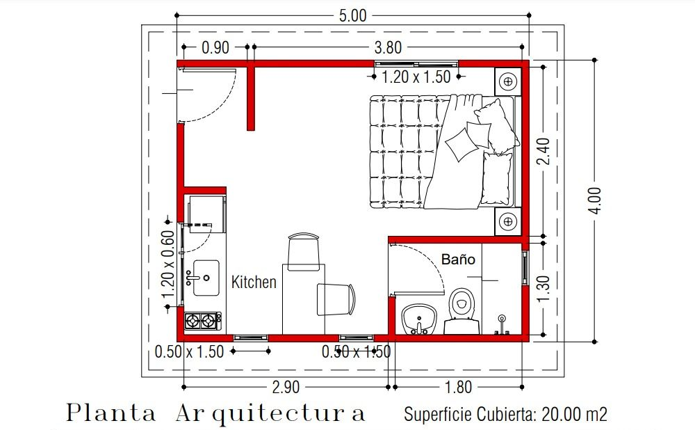 Plano de planta de un pequeño apartamento con cocina, baño y dormitorio, etiquetado en español.