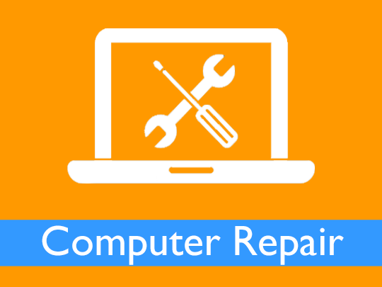 A computer repair logo with a wrench and screwdriver
