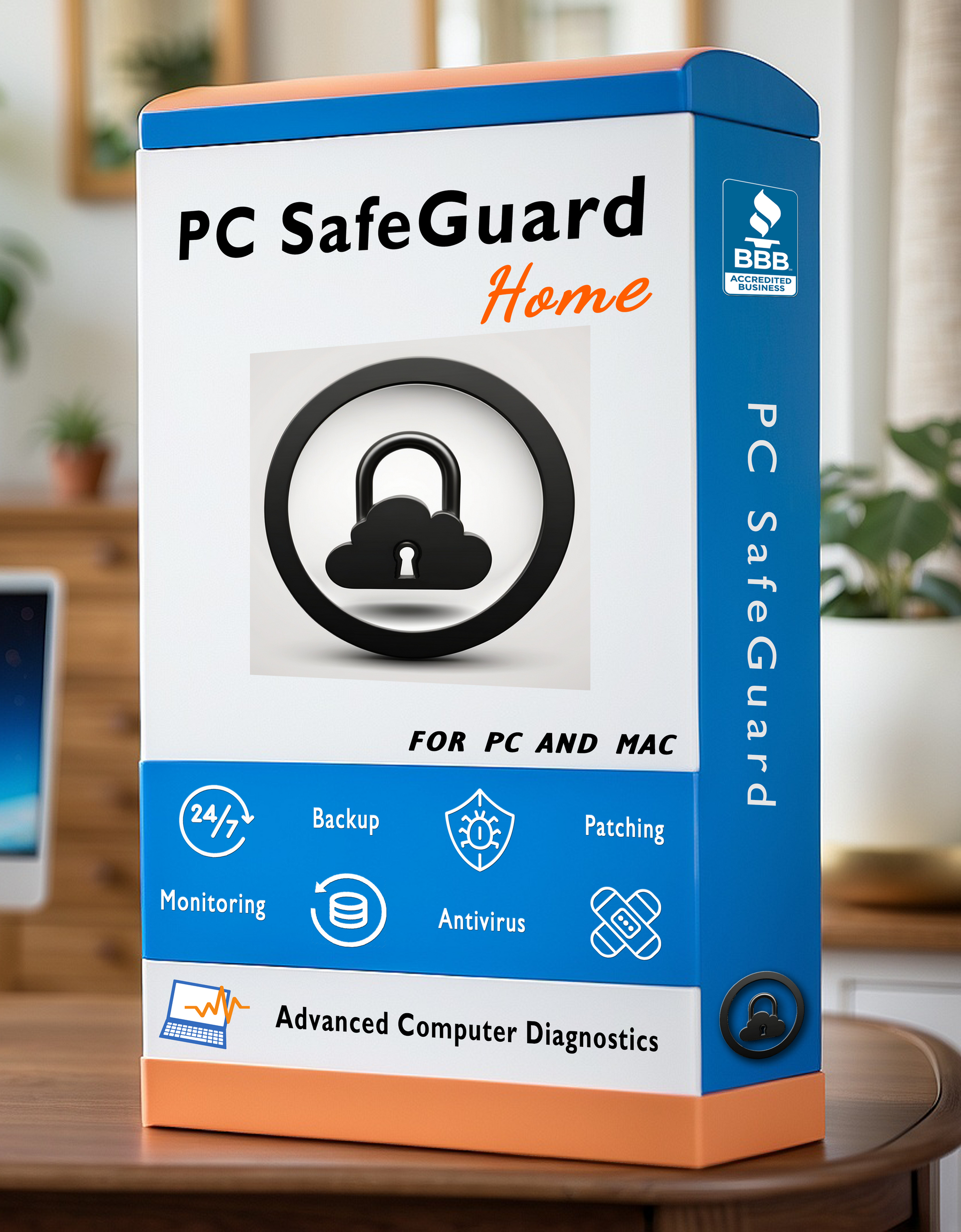 a box of pc safeguard home sits on a table