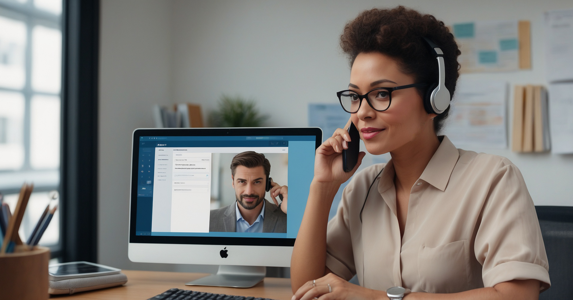 A woman is sitting in front of a computer talking on a cell phone.