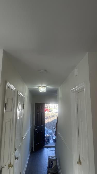 Narrow hallway with white walls, closed doors, and open black front door letting in sunlight.