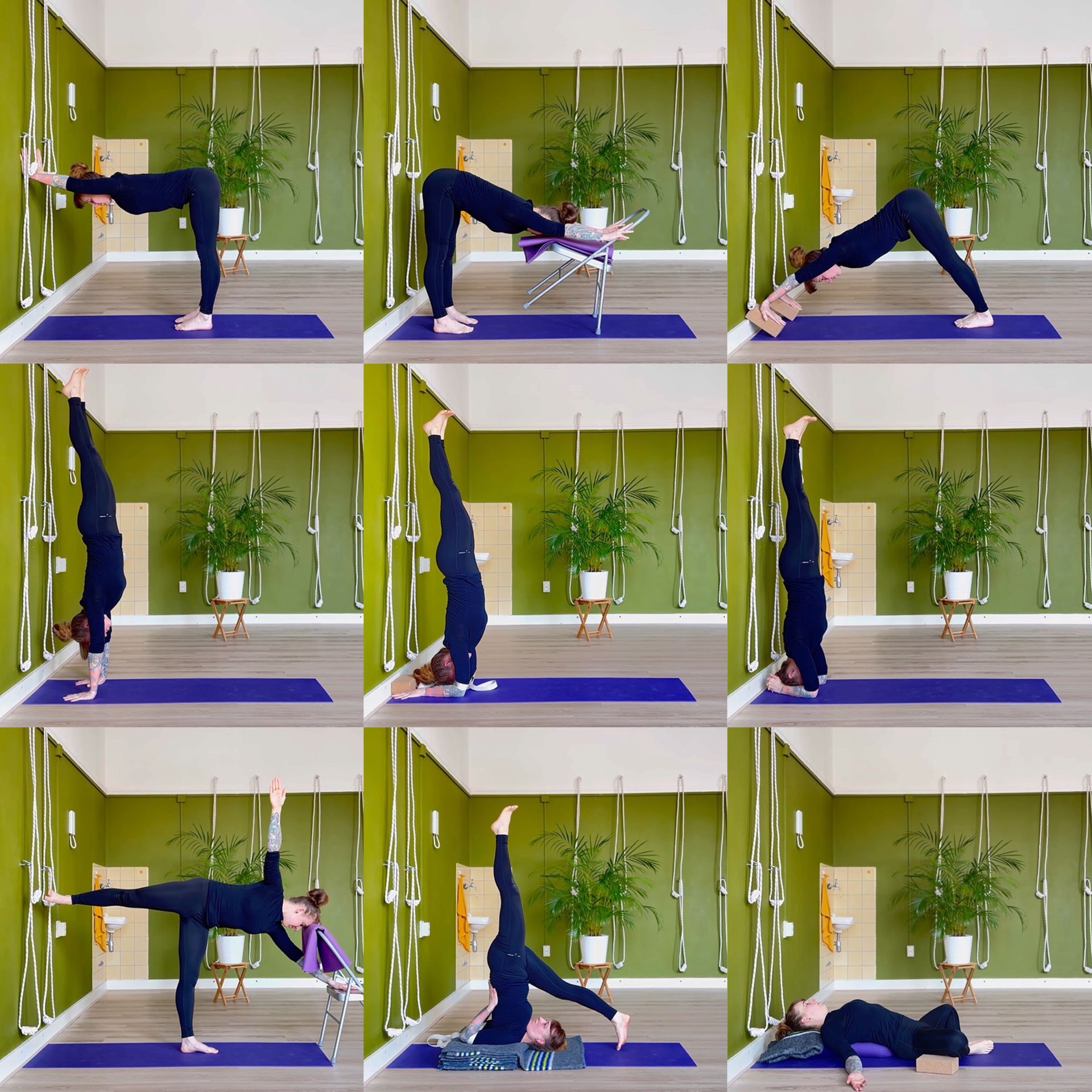 9 Balanshoudingen met yoga hulpmiddelen.