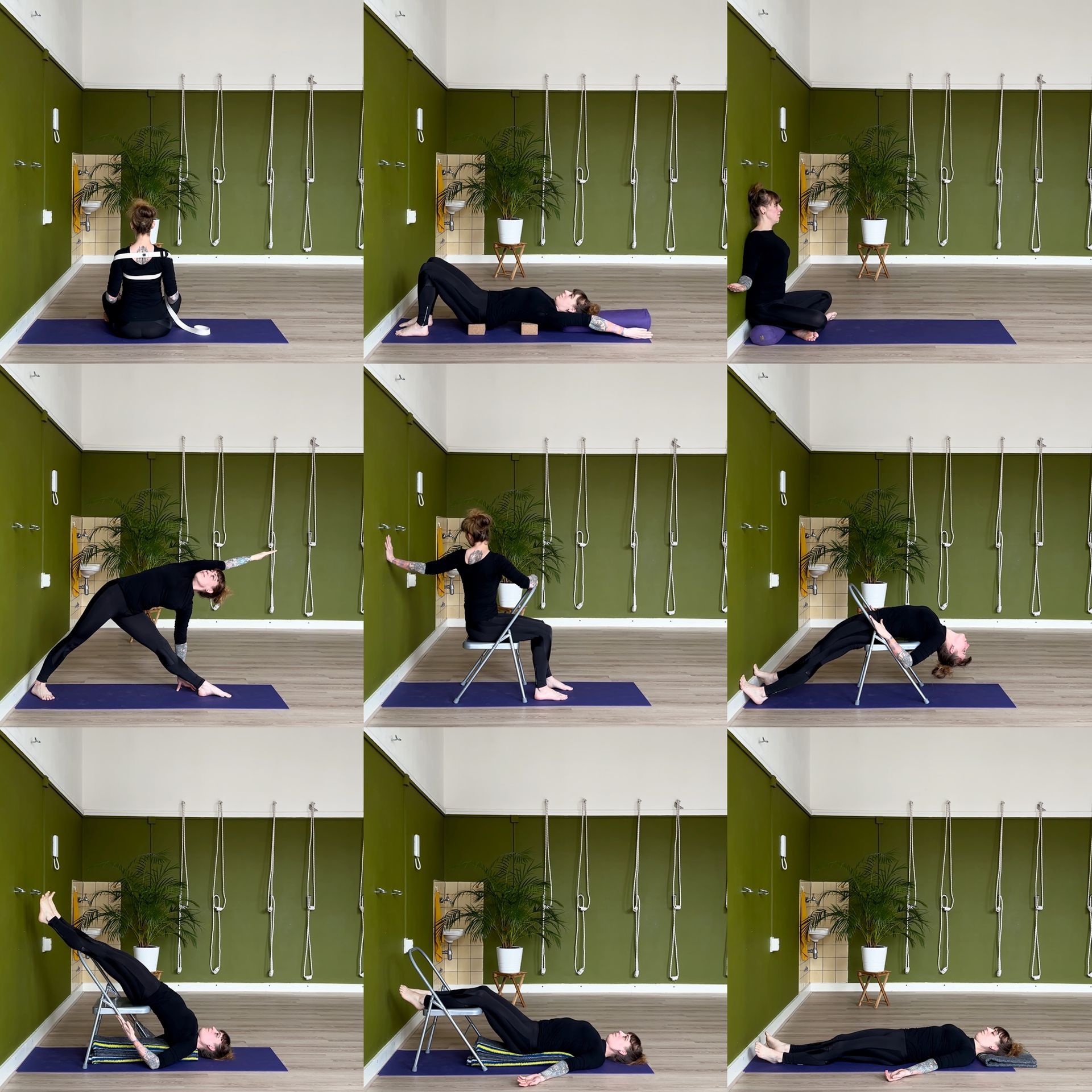 9 Aangepaste yogahoudingen met hulpmiddelen voor stijve schouders.