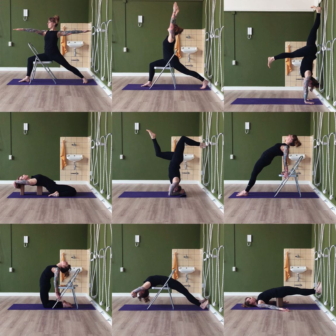 9 Verschillende yogahoudingen ondersteund met hulpmiddelen zoals een yogastoel, yogablokken en de muur.
