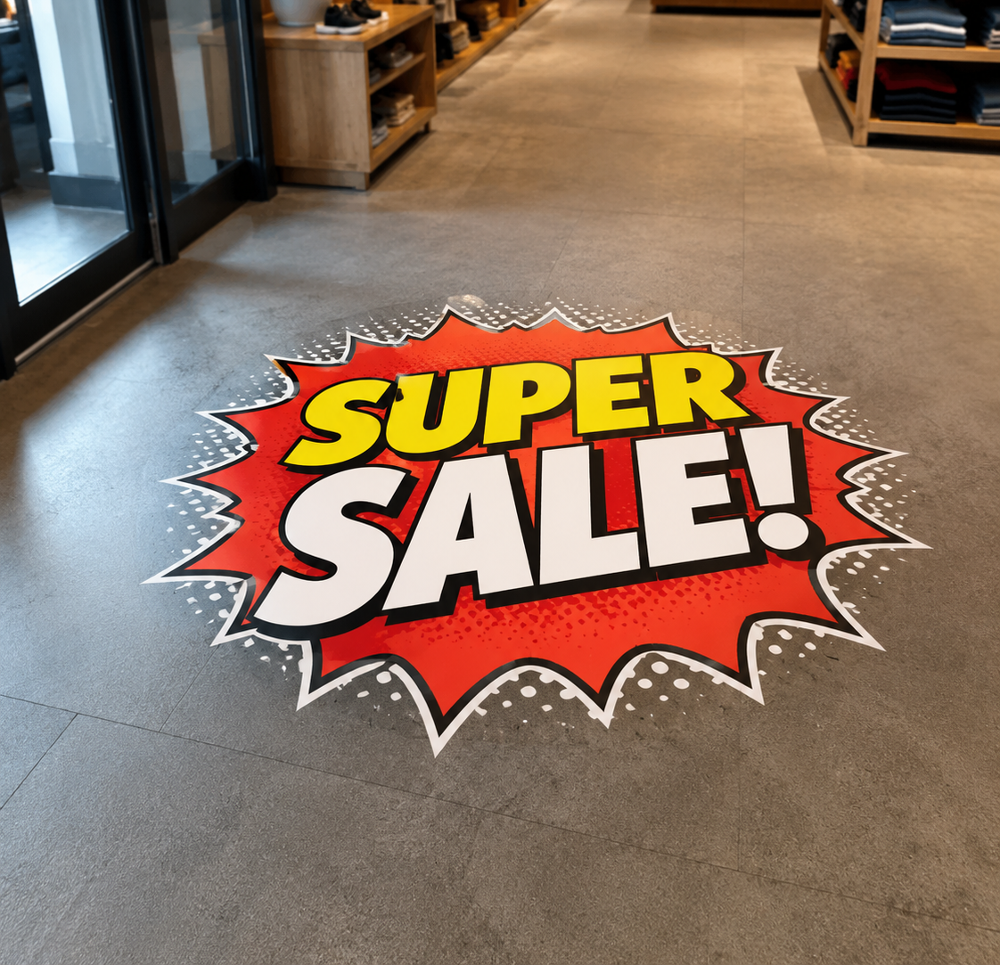 Red “SUPER SALE!” floor decal in a store aisle