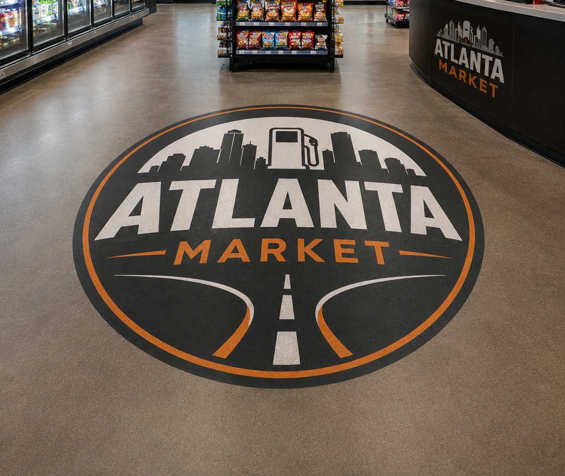Atlanta Market logo on a store floor with a black circle, orange accents, and city skyline graphic