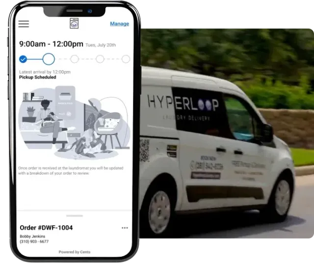 Mobile app showing scheduled pickup for laundry service; van labeled