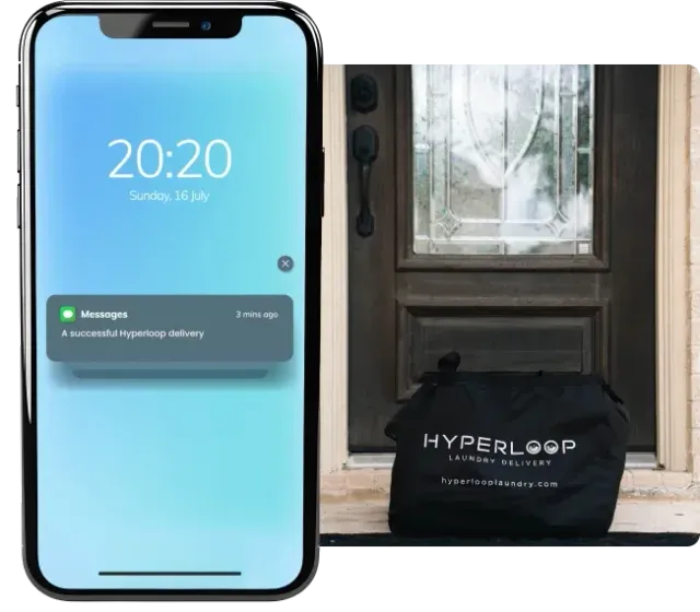 Smartphone showing delivery notification; black Hyperloop bag on a doorstep.