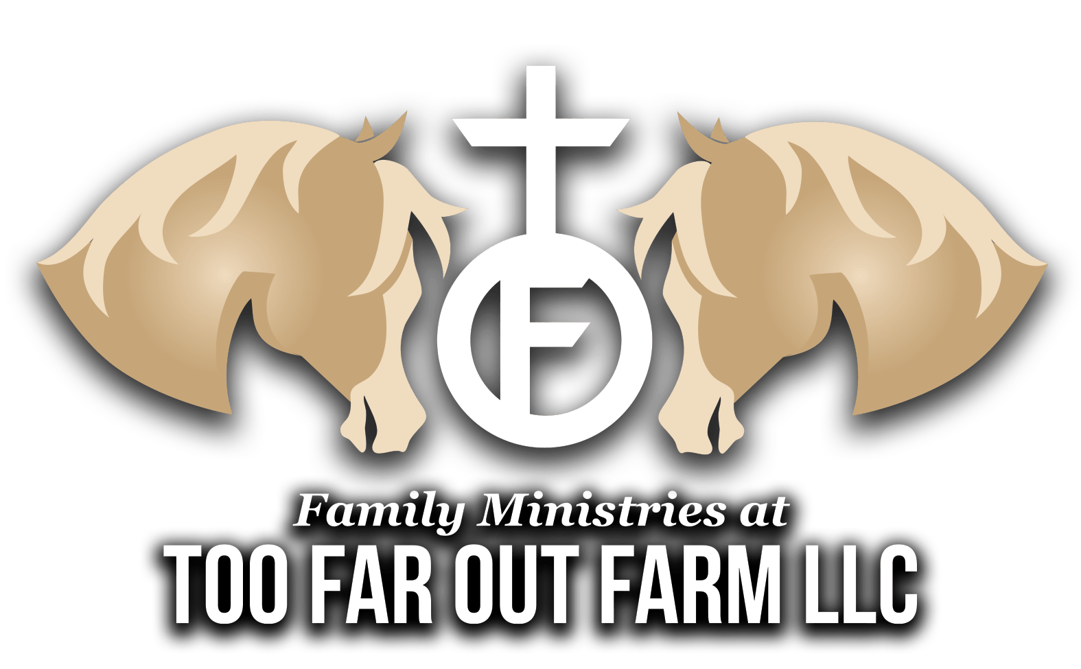 Logo with tan lambs, a white cross, and “Family Ministries at TOO FAR OUT FARM LLC” text on black