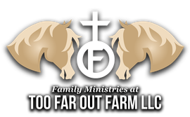 Logo with tan lambs, a white cross, and “Family Ministries at TOO FAR OUT FARM LLC” text on black