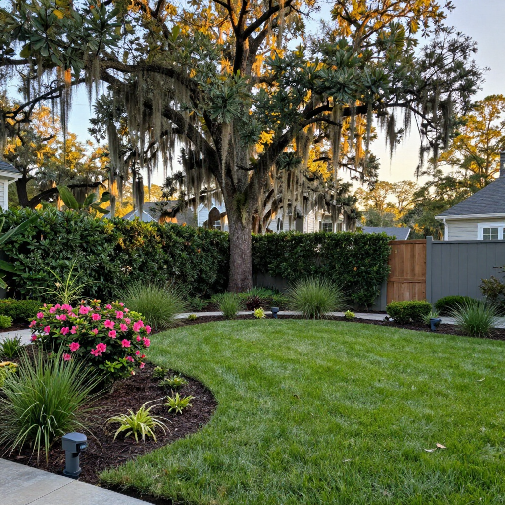 A lush green lawn curves around a flower bed with pink azaleas, framed by a manicured hedge and a large mossy oak tree.