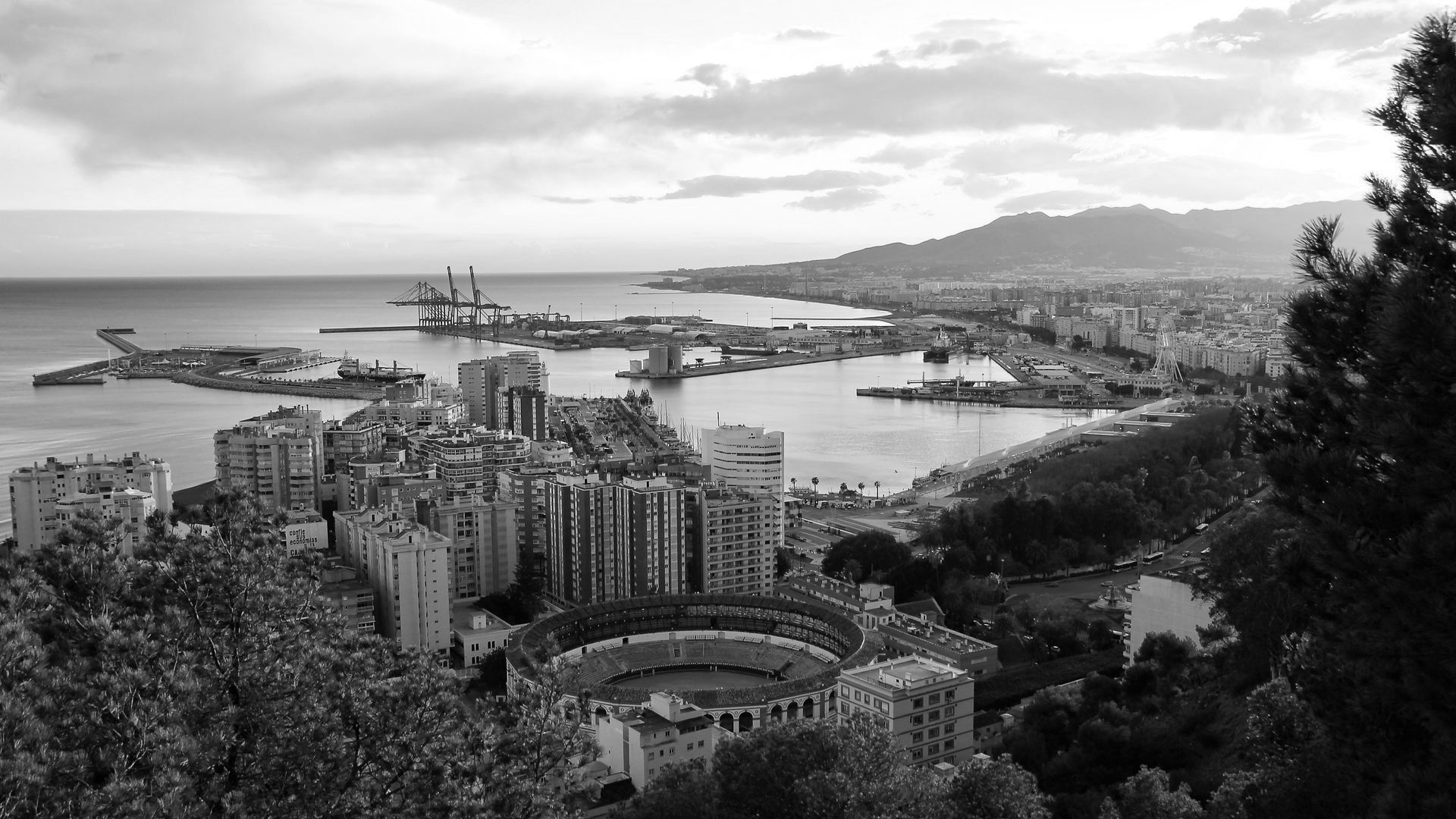 Una fotografía en blanco y negro de una ciudad con una gran masa de agua al fondo.