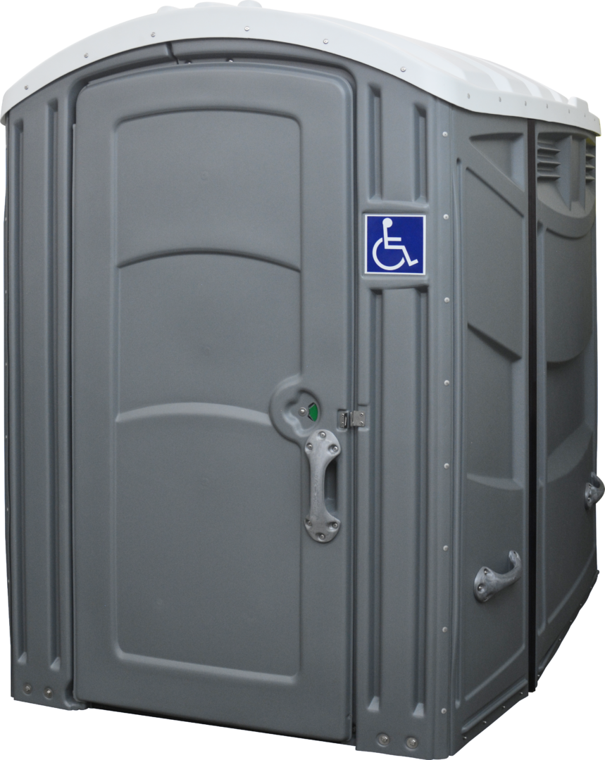 A portable toilet with a handicap sign on the door. Brazeau Sanitation