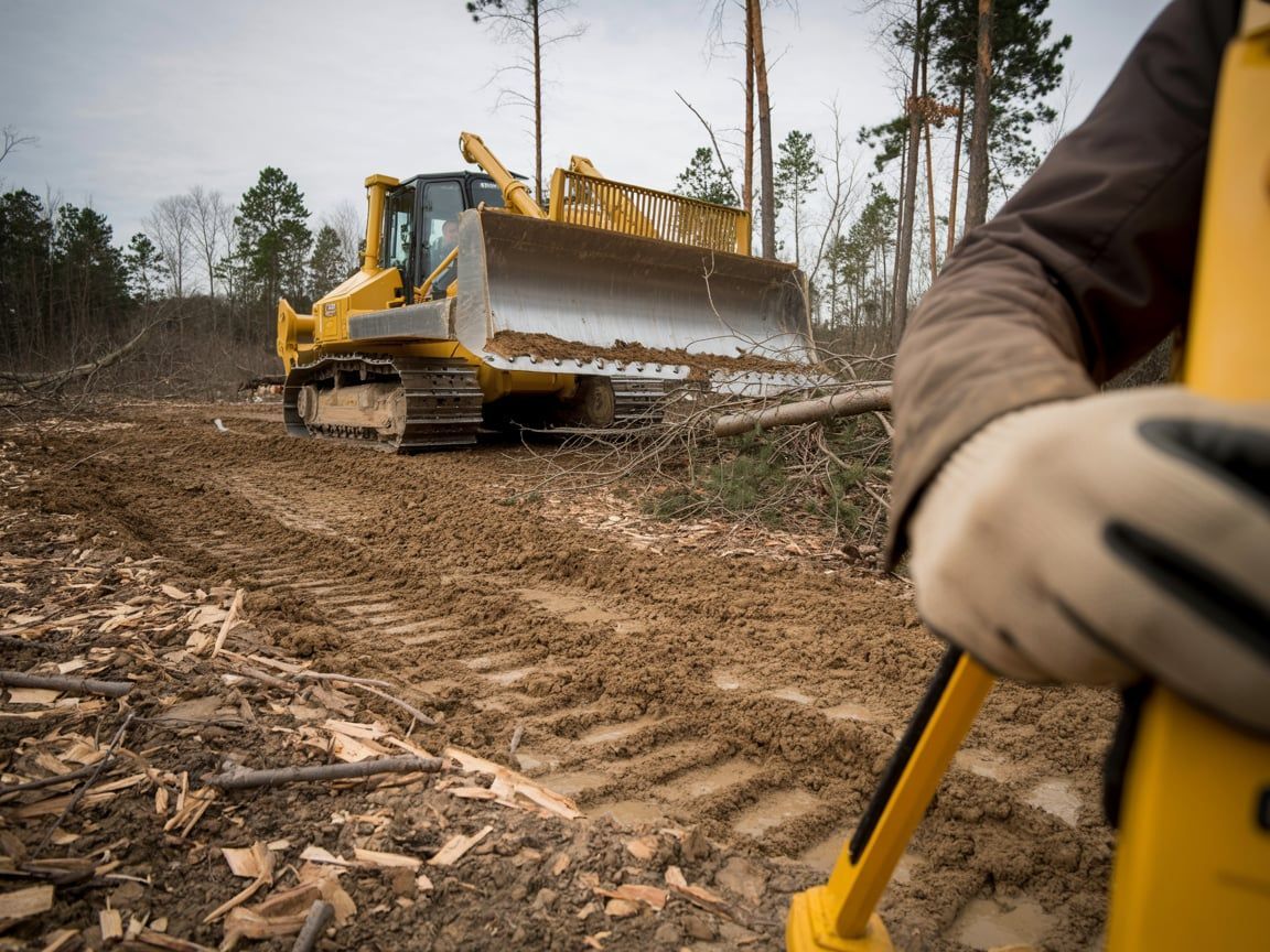 Bulldozer clearing a forest; person with surveying equipment in foreground.