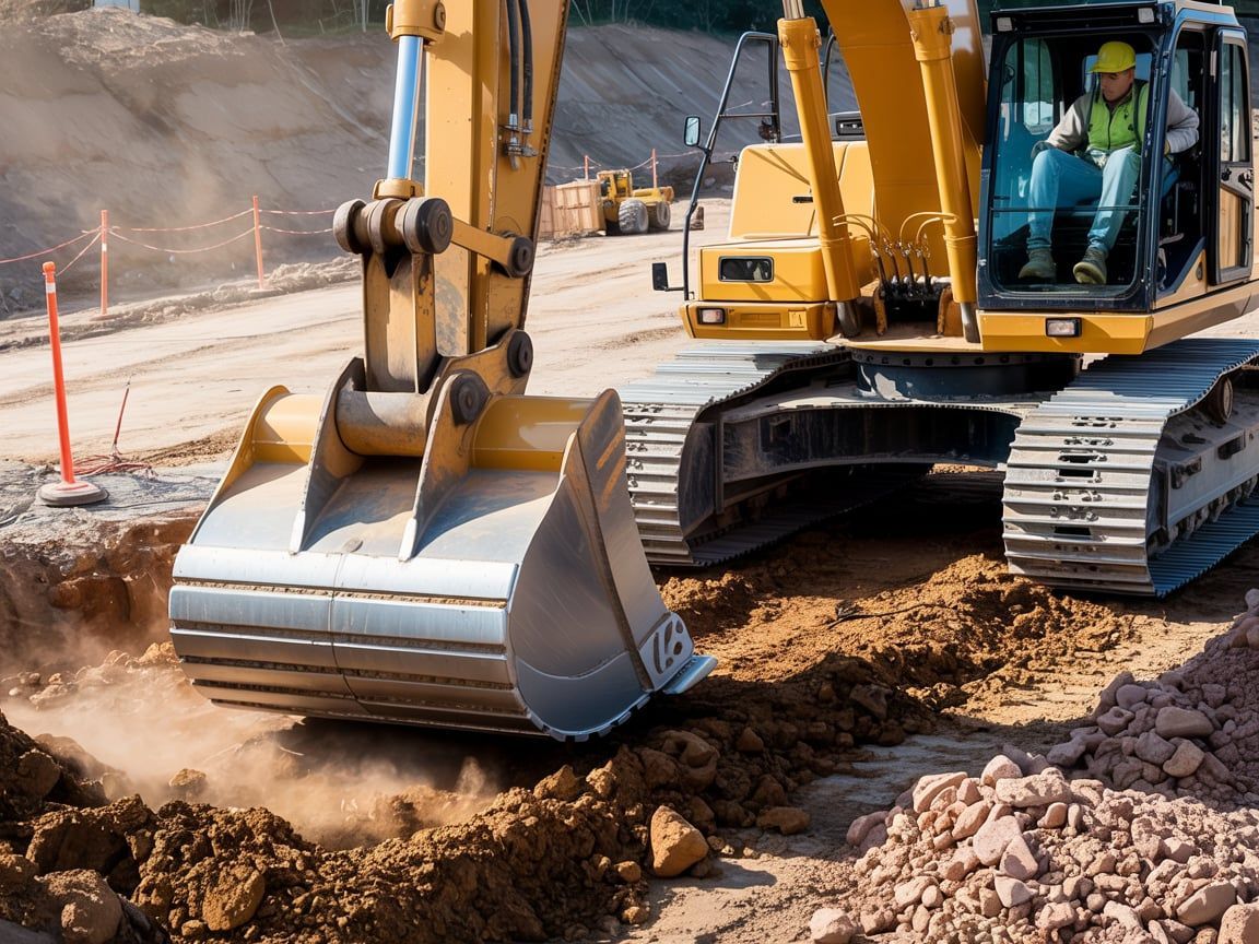 Yellow excavator digging a trench at a construction site; operator in the cab.