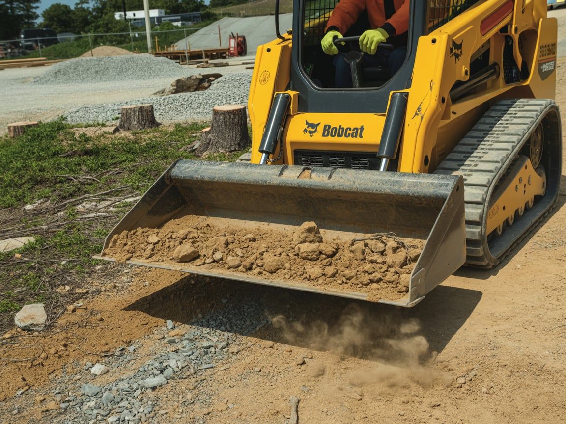 Yellow Bobcat skid-steer with a bucket of dirt, operating on a construction site.
