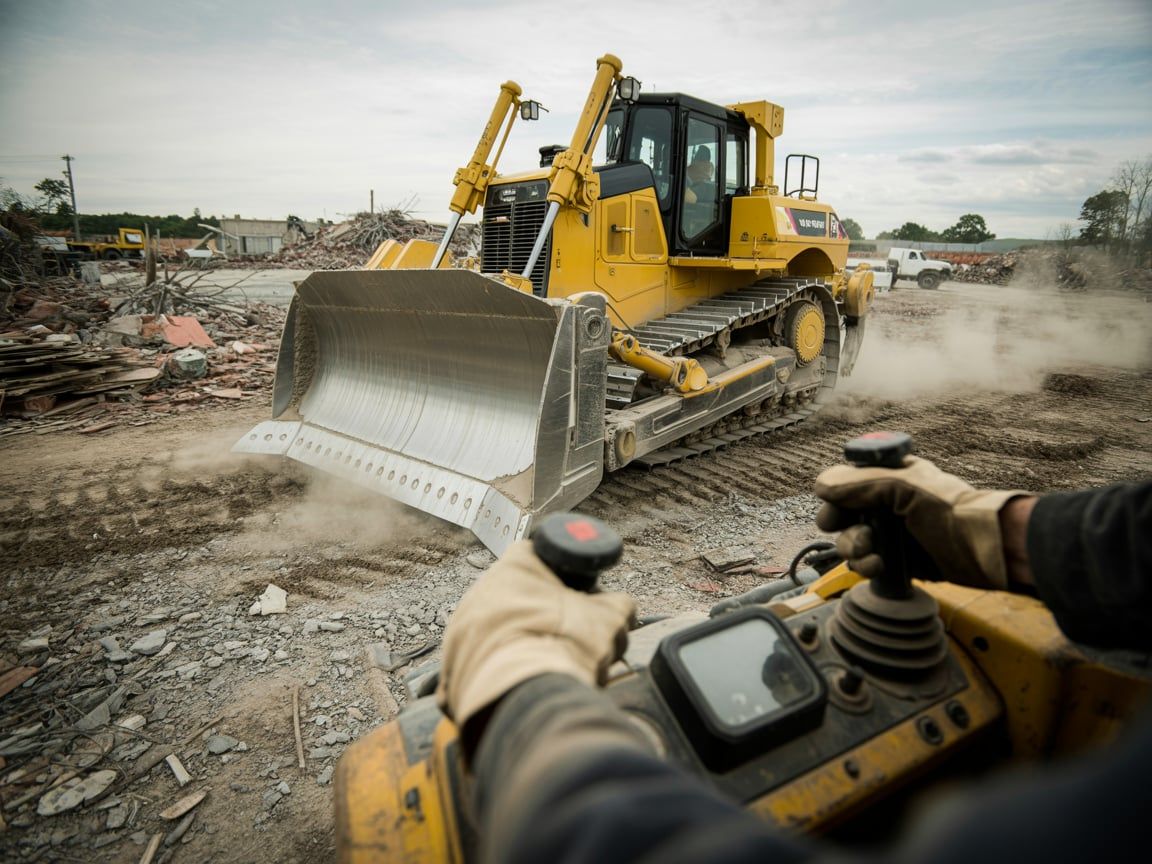 Yellow bulldozer, operator using controls, clearing debris on a construction site.