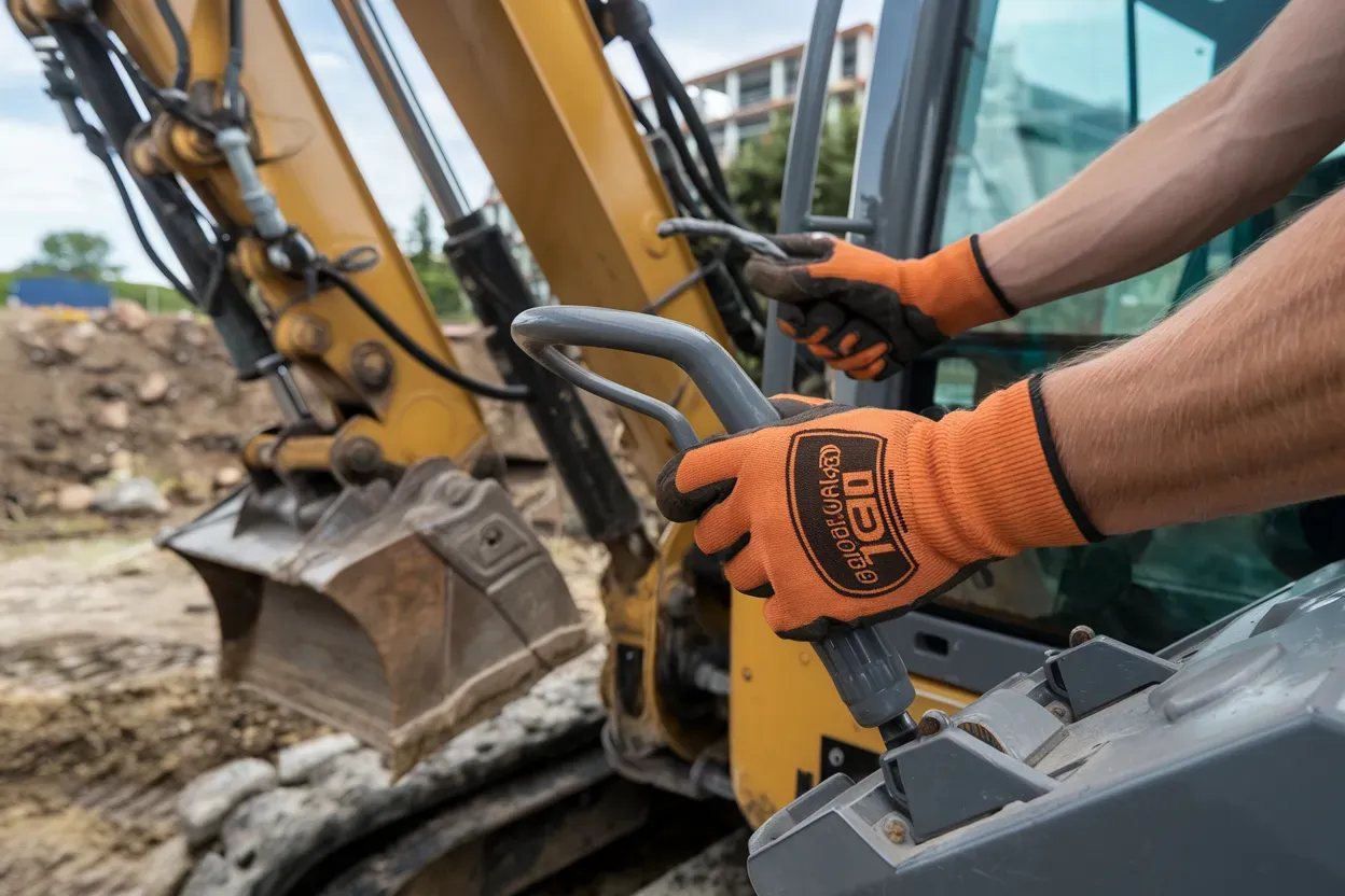 A person wearing orange gloves is operating an excavator.