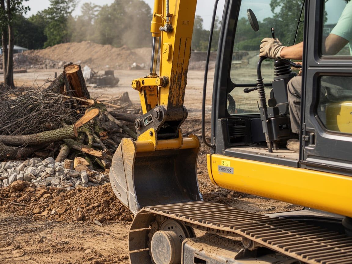 Yellow excavator digging, operator inside, clearing trees in a dirt lot.