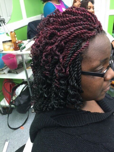 Curly Black With Pink Hair African Braid — Wilmington, DE — Tess African Hair Braiding & Beauty Supply
