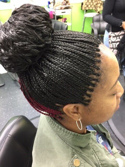 Stylish Black with Red Hair Bun Braid — Wilmington, DE — Tess African Hair Braiding & Beauty Supply