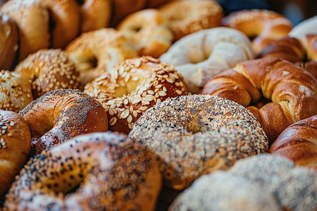 A bunch of bagels and croissants are sitting on top of each other on a table.