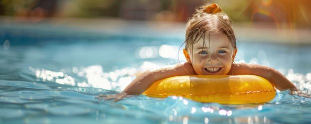 A little girl is floating on a yellow raft in a swimming pool.