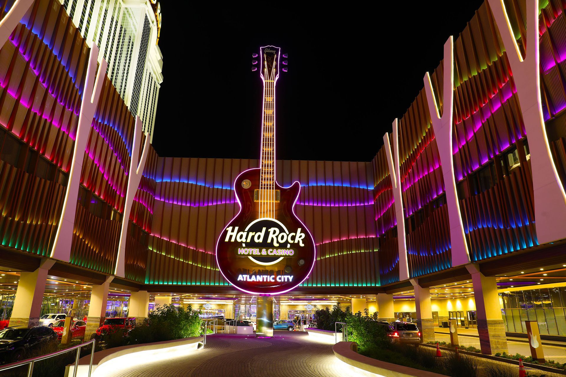 Exterior photo of Hardrock Atlantic City showing large lit guitar