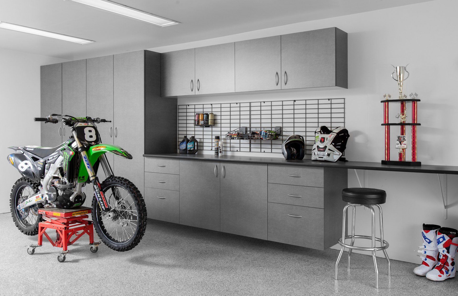 Pewter custom garage cabinets with workbench