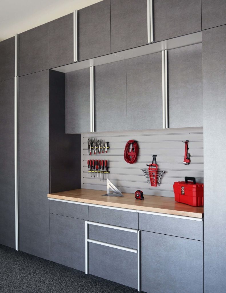 Bronze custom built garage cabinets