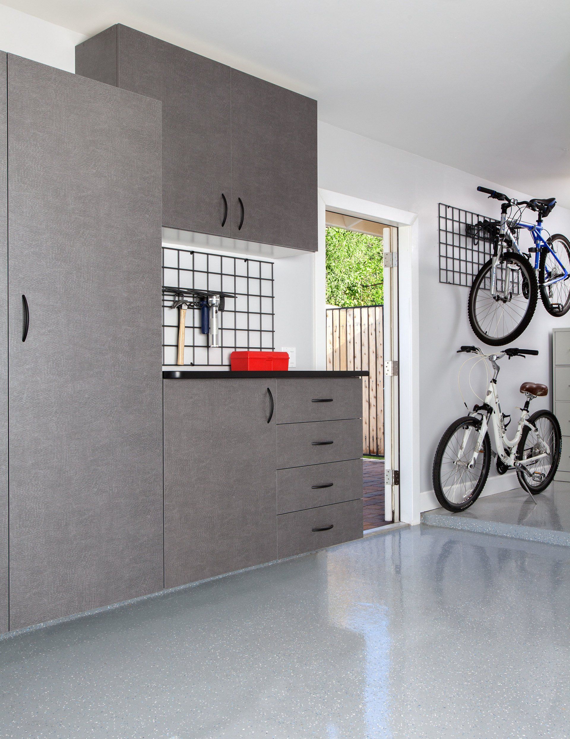 Pewter custom garage cabinets with garage organizers