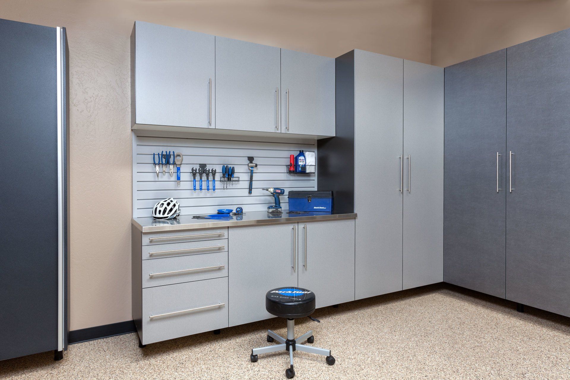 Silver custom garage cabinets