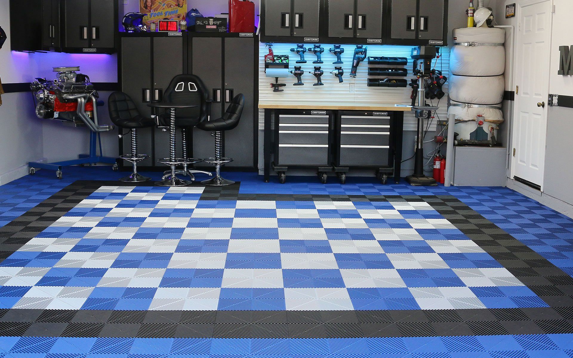 Blue and white Motor City tile garage flooring