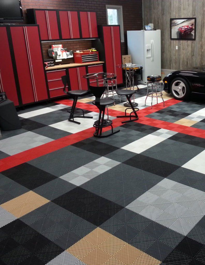 Muti-colored custom garage tile flooring