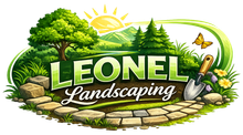 Logo for Leonel Landscaping featuring a sunny landscape, tree, stone path, garden trowel, and butterfly.