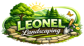 Logo for Leonel Landscaping featuring a sunny landscape, tree, stone path, garden trowel, and butterfly.