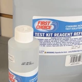 A bottle of first choice test kit reagent ref