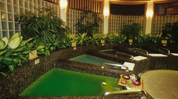 A row of bathtubs with green water in a bathroom.