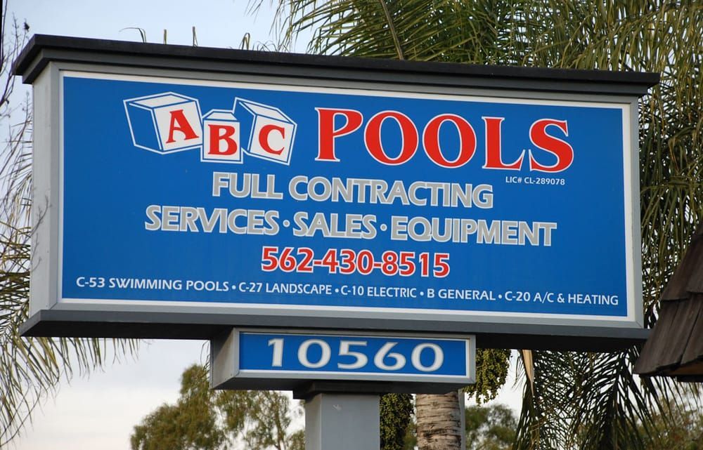 A sign for abc pools full contracting services sales equipment